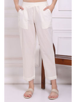 W - Solid Pure Cotton Ankle Length Straight Pants with Lace White
