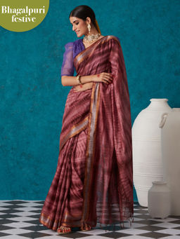 Likha - Brown Bhagalpuri Festive Linen Tie & Dye Saree & Unstitched Blouse