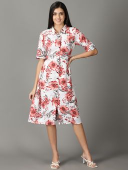 SHOWOFF - Womens Printed Shirt Collar White Midi Dress