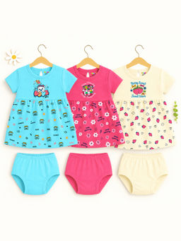 Kuchipoo - Multi-Colour Baby Girls Cotton Frock and Bloomer (Pack Of 3)