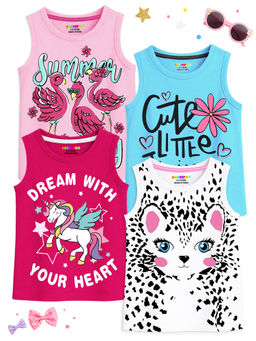 Kuchipoo - Multi-Colour Girls Regular Fit Sleeveless Cotton T-Shirt (Pack Of 4)