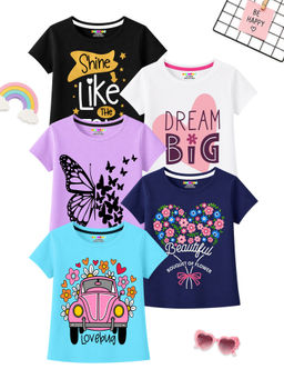 Kuchipoo - Multi-Colour Girls Regular Fit Cotton T-Shirt (Pack Of 5)