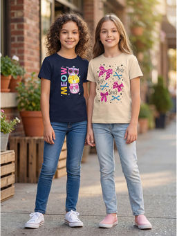 HELLCAT - Multi-Colour Girls Graphic Printed Cotton Blend T-Shirt (Pack Of 2)