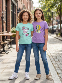 HELLCAT - Multi-Colour Girls Graphic Printed Cotton Blend T-Shirt (Pack Of 2)