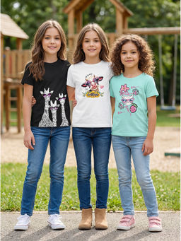 HELLCAT - Multi-Colour Girls Graphic Printed Cotton Blend T-Shirt (Pack Of 3)