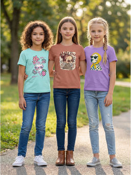 HELLCAT - Multi-Colour Girls Graphic Printed Cotton Blend T-Shirt (Pack Of 3)