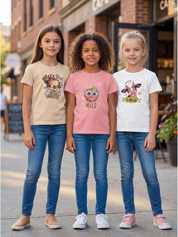 HELLCAT - Multi-Colour Girls Graphic Printed Cotton Blend T-Shirt (Pack Of 3)