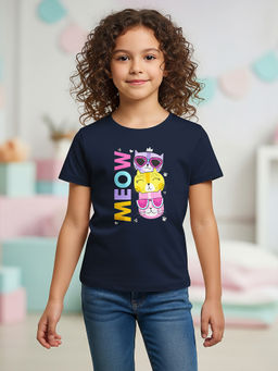 HELLCAT - Navy Blue Girls Graphic Printed Cotton Blend T-Shirt