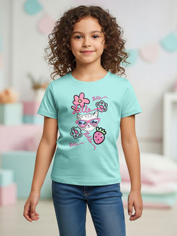 HELLCAT - Blue Girls Graphic Printed Cotton Blend T-Shirt