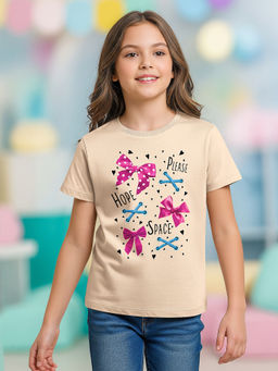 HELLCAT - Beige Girls Graphic Printed Cotton Blend T-Shirt