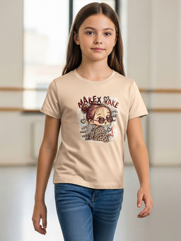 HELLCAT - Beige Girls Graphic Printed Cotton Blend T-Shirt