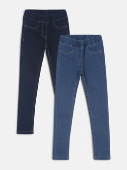 Tales & Stories - Girls Dark Blue And Blue Solid Lycra Jeggings (Pack of 2)