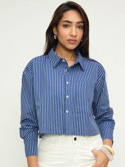 Femmella - Navy Blue Cotton Stripes Shirt