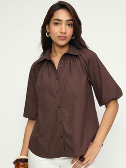 Femmella - Brown Cotton Solid Shirt