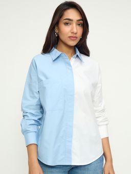 Femmella - Blue Cotton Colorblock Shirt