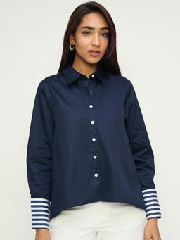 Femmella - Navy Blue Cotton Solid Shirt