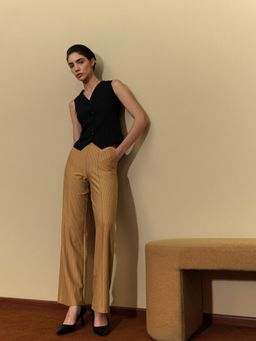 FABLE STREET - March By FableStreet Beige Polyester Stripes Trouser