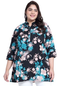 Indietoga Plus Size - Black Polyester Crepe Floral Tunic