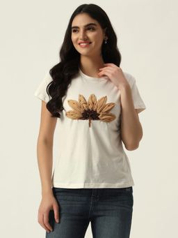 Beatnik - White Cotton Blend Embellished T-Shirt