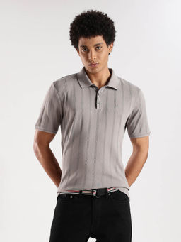 Calvin Klein - Striped Regular Fit Grey Cotton Polo T-Shirt