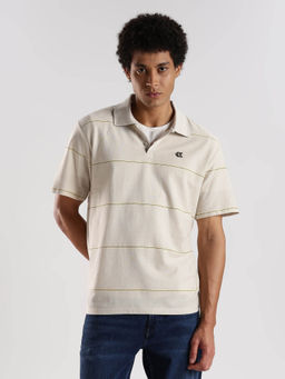 Calvin Klein - Striped Relaxed Fit Cream Cotton Polo T-Shirt