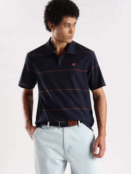 Calvin Klein - Striped Relaxed Fit Navy Blue Cotton Polo T-Shirt