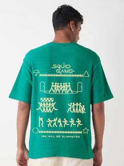 Bewakoof - Air 1.0 Squid Game Men's Green You Will Be Eliminated Graphic Printed Oversized T-shirt