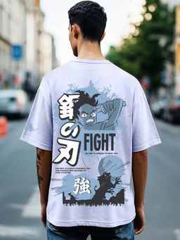 Bewakoof - Men's Baby Lavender Fight Graphic Printed Oversized T-shirt