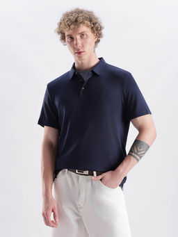 Calvin Klein - Solid Regular Fit Navy Blue Cotton Polo T-Shirt