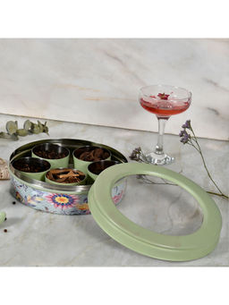 Living With Elan - 7 Compartment Stainless Steel Floral Spice Box with Spoon, Green