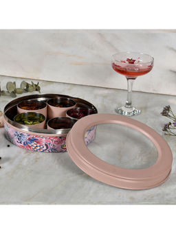 Living With Elan - 7 Compartment Stainless Steel Floral Spice Box with Spoon, Pink