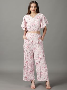SHOWOFFFF - Womens Pink V-Neck Printed Co-Ord (Set of 2)