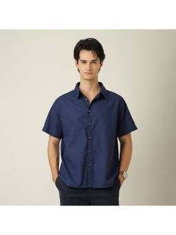 Saltpetre - Summer Relaxed Fit Semi Spread Collar Linen Blend Navy Blue Shirt