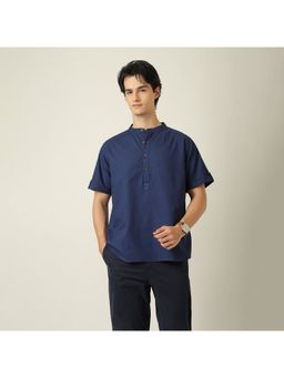Saltpetre - Drifter Mandarin Collar Roll Up Sleeves With Tabs Cotton Linen Navy Blue Shirt