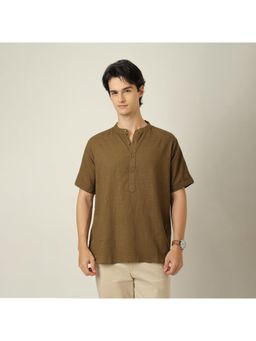 Saltpetre - Drifter Relaxed Fit Mandarin Collar Roll Up Sleeves Cotton Linen Olive Green Shirt