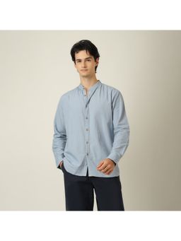 Saltpetre - Field Relaxed Fit Mandarin Collar Linen Blend Dusty Blue Shirt