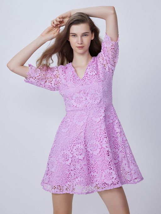 Buy Cover Story Lilac V-Neck Lace Skater Dress Online