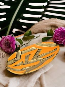 At Home by Nilkamal - Stripes Oval Decorative Platter Mustard