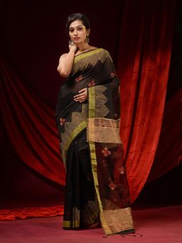 CHARUKRITI - Black Linen Handwoven Temple Borders and Woven Floral Motifs Saree with Unstitched Blouse