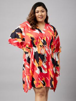 Secrets By ZeroKaata - Printed Plus Size Kaftan Nightdress For Women-Red