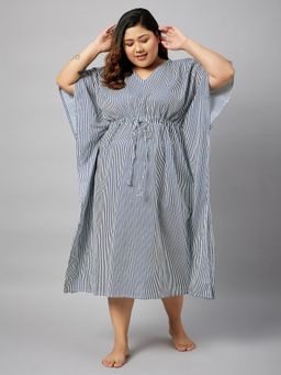 Secrets By ZeroKaata - Striped Plus Size Pure Cotton Kaftan Nightdress For Women-Black