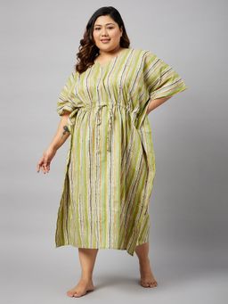 Secrets By ZeroKaata - Striped Plus Size Pure Cotton Kaftan Nightdress For Women-Green