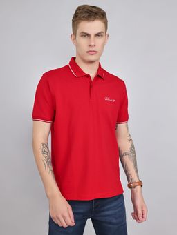 Rock.it - Men Red Cotton Blend Collar Neck Polo T-Shirt