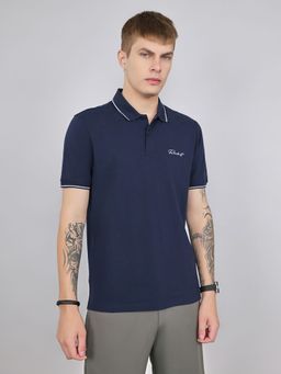 Rock.it - Men Navy Blue Cotton Blend Collar Neck Polo T-Shirt