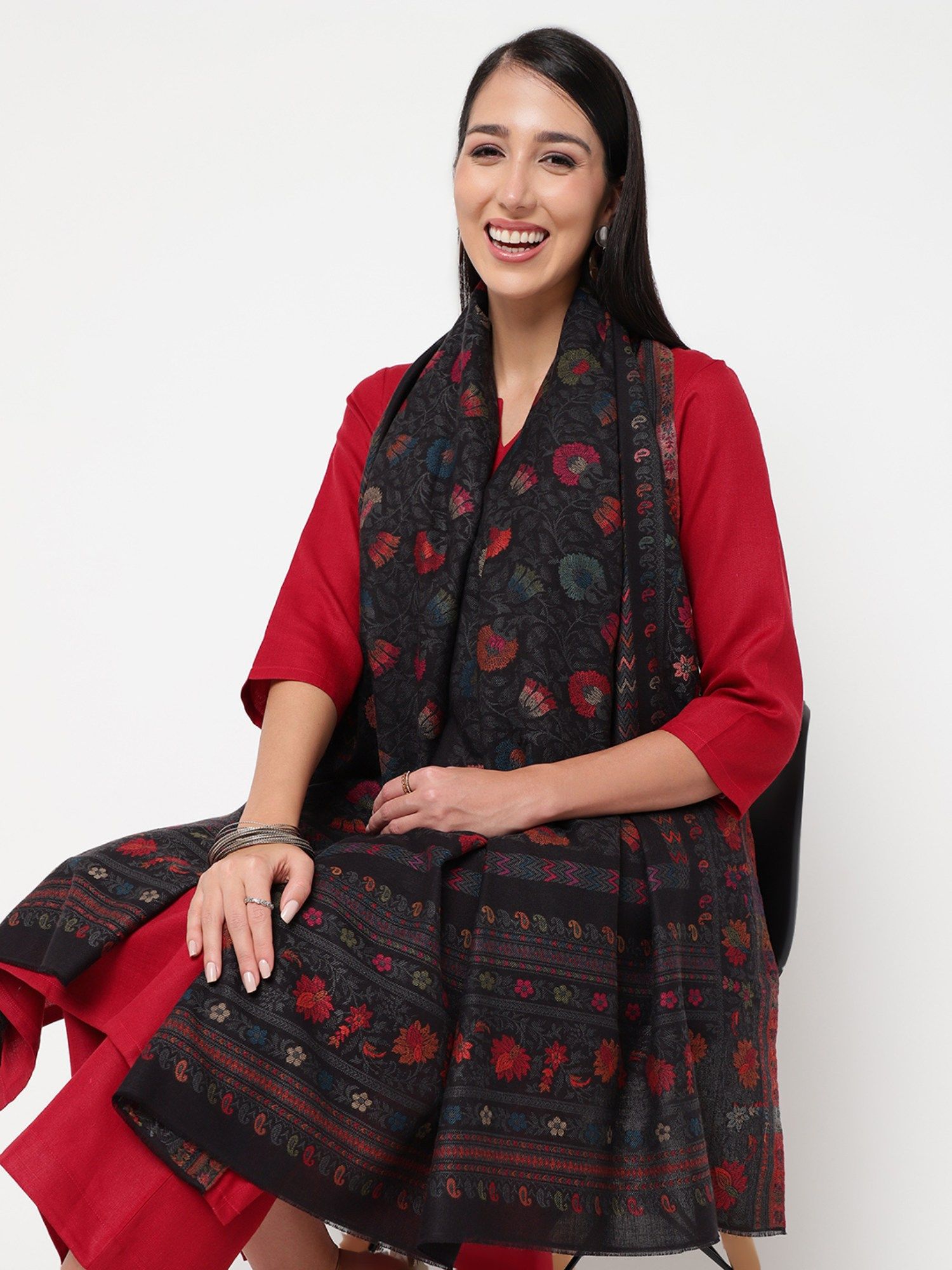 la vastraa Pure Wool Grey-Black Kani Woven Shawl-picture-16