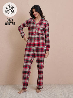 Nykd by Nykaa - cozy brushed cotton pajama set of 2-relaxed fit night suit NYS902-Red & Beige Checks