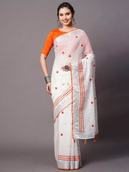 Odette - White Festive Linen Blend Embellished Saree with Unstitched Blouse