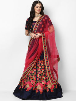 Odette - Women Navy Blue & Red Semi Stitched Lehenga with Unstitched Blouse & Dupatta (Set of 3)
