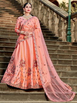 Odette - Women Peach Soft Net Semi Stitched Lehenga with Unstitched Blouse & Dupatta (Set of 3)