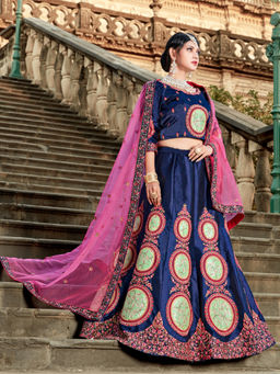 Odette - Women Navy Blue Semi Stitched Lehenga with Unstitched Blouse & Dupatta with Resham (Set of 3)